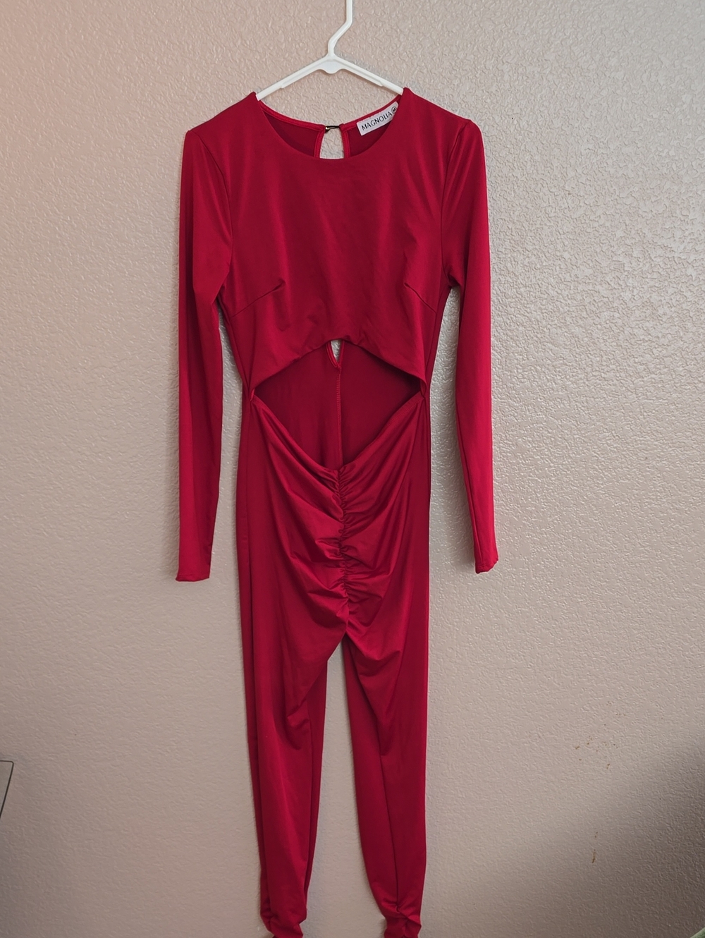 Magnolia Red Long-Sleeve Cutout Jumpsuit